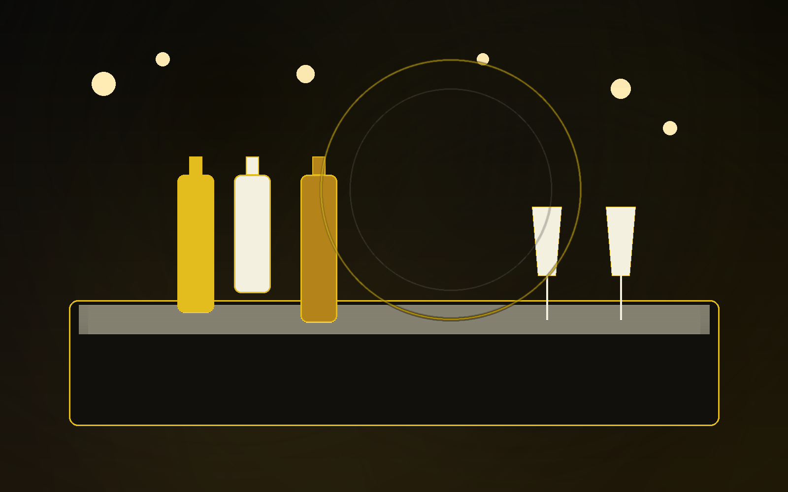 Stilvolle Bar-Szene in Schwarz, Gold und Creme mit warmem Licht